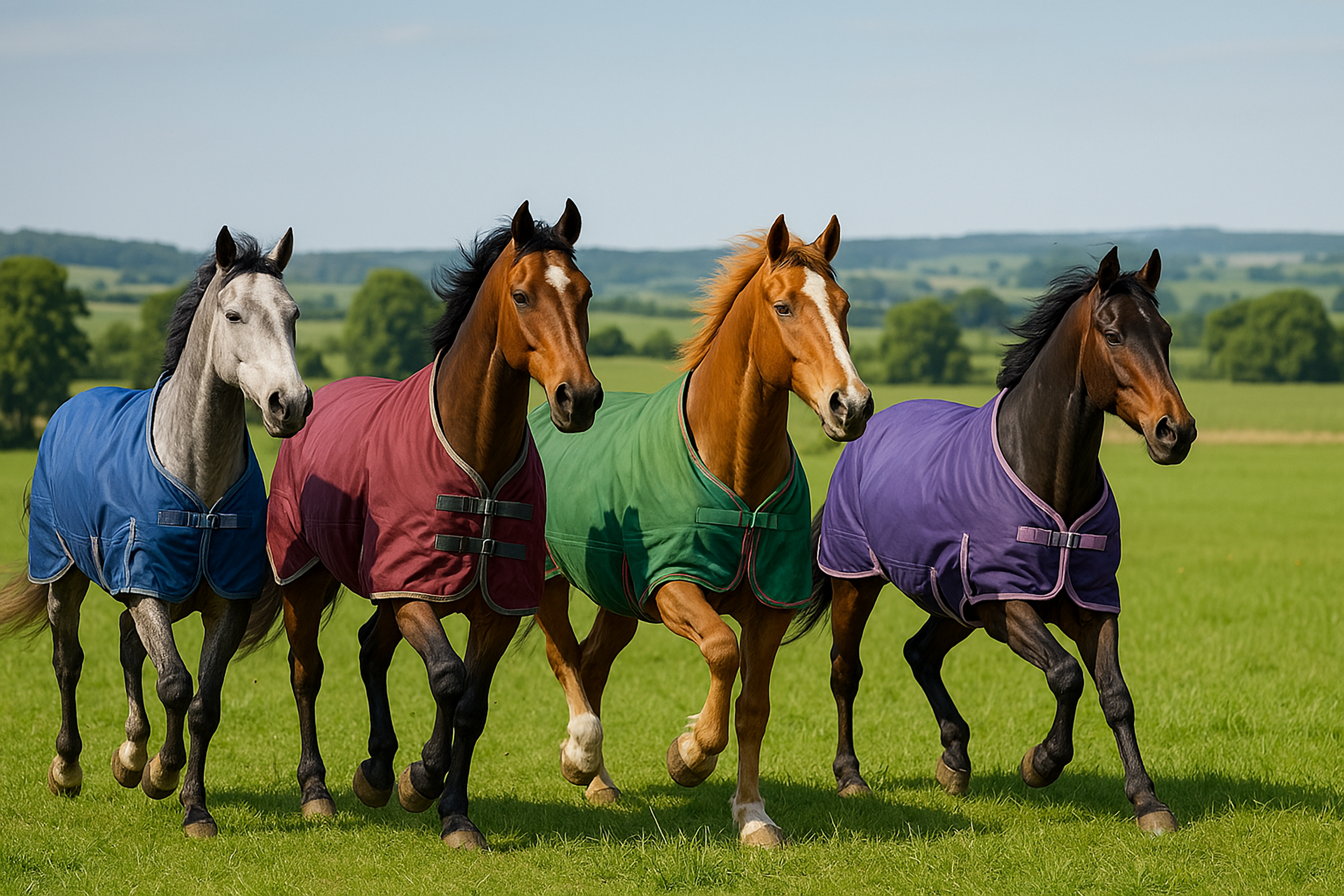 Mehrere Pferde mit Decken auf einer Wiese